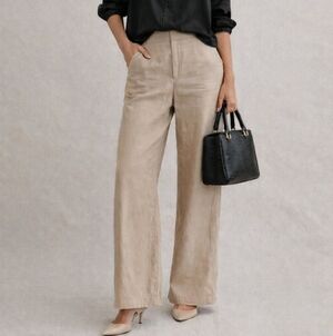 MANGO Beige Twill Lyocell Hight Waist Pants Straight Leg Trousers Elastic Waist